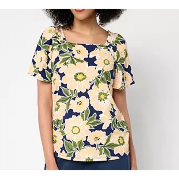 AnyBody Tops - AnyBody Womens Floral Square Neck Smocked Shoulder Top Navy Yellow Size L